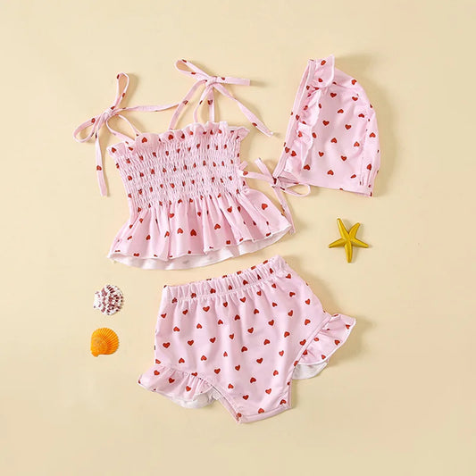 Baby Girl 3-Piece Swimsuit Adorable Heart Print Set - SweetHeart