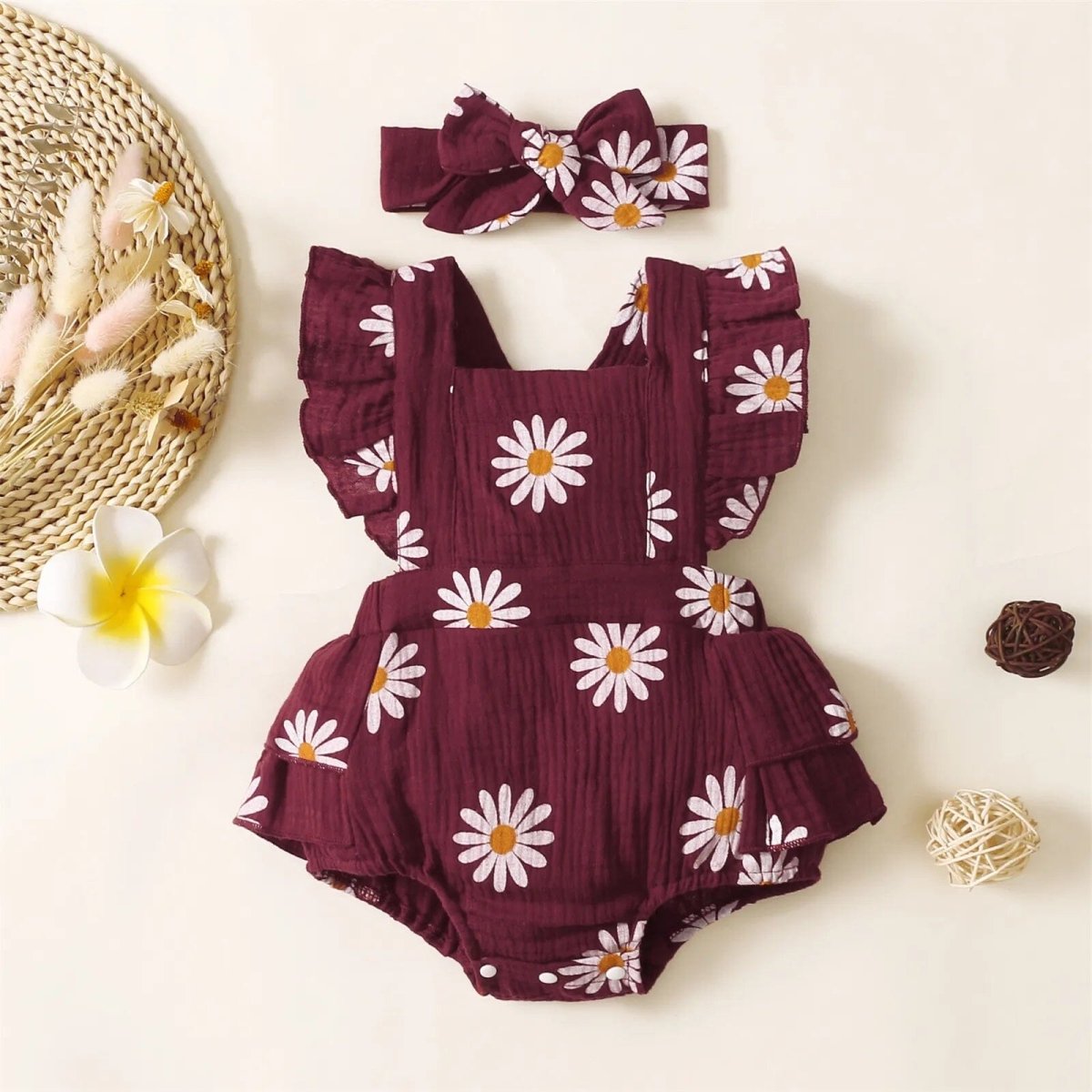 Baby Girl Flower Print Bodysuit - Burgundy